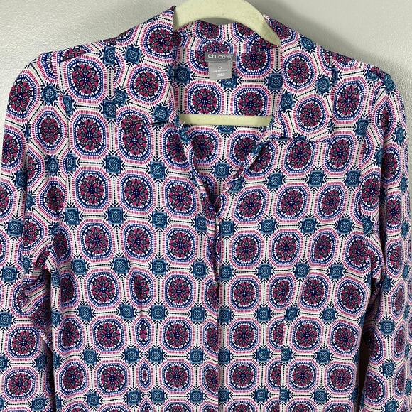 Women's Chico's Medallion Jersey Knee Length Shirt Dress Purple Pink Small - Picture 4 of 11